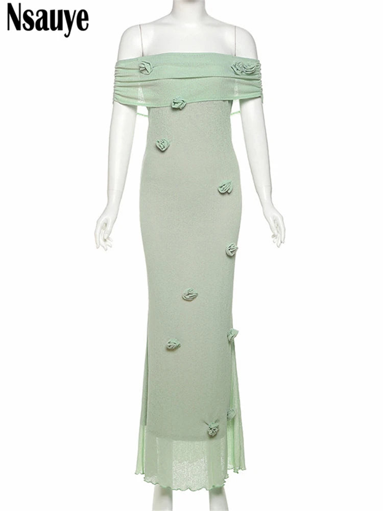 Nsauye Women Chic Elegant Sexy Ribber Knitted Party Night Club Dress Off Shoulder Flowers Summer New Fashion Wrap Dress 2025