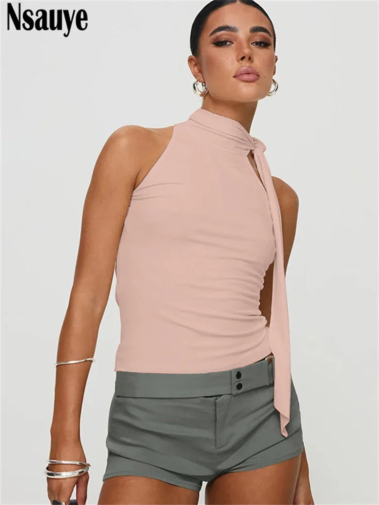 Nsauye Casual Women Sleeveless Slim Y2K Sexy Clubwear Fashion Crop Tops Halter Vest Streetwear Mini Basic Tank Tops Summer 2025