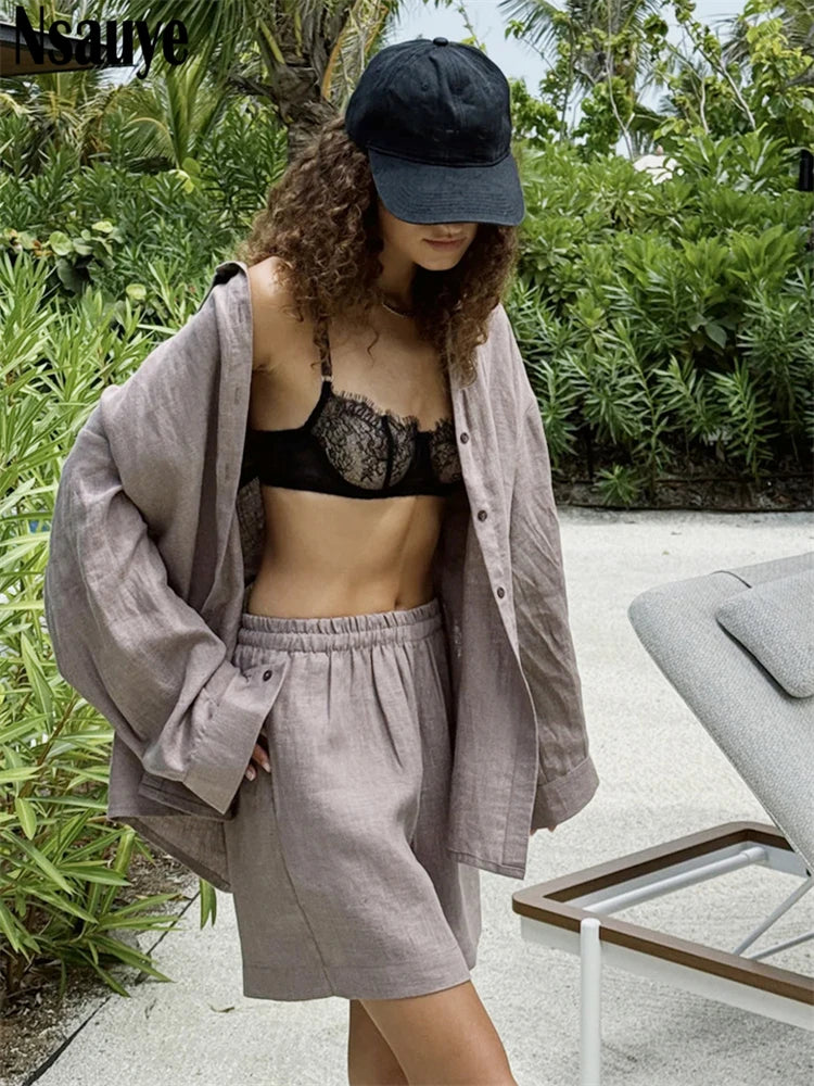 Nsauye New In Matching Sets Fashion Long Sleeve Tracksuit Casual Shirt Tops Mini Shorts 2 Piece Sets Women Summer Outfit 2025