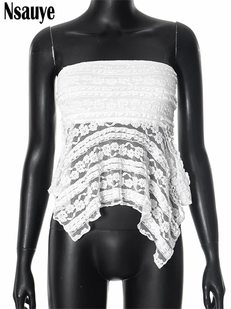 Nsauye 2025 Summer Lace Print Strapless Off Shoulder Crop Top Sexy Club  Women Skinny Sleeveless Tank Tops Mini Vest Y2K Clothes