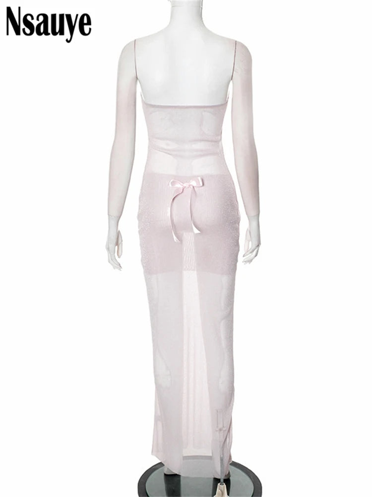 Nsauye Sexy Women Backelss Strapless Bow Glitter Long Dress Sleeveless Elegant Dress Boydycon Vestidos Summer 2025 Party Club