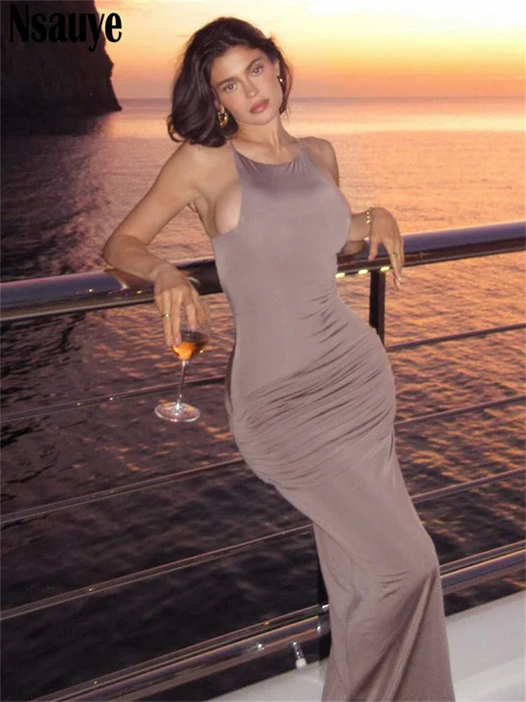 Nsauye Basic Casual Long Dresses Women Outfits Sexy Elegant Party Evening Birthday Backless Maxi Night Club Bodycon Dress Summer