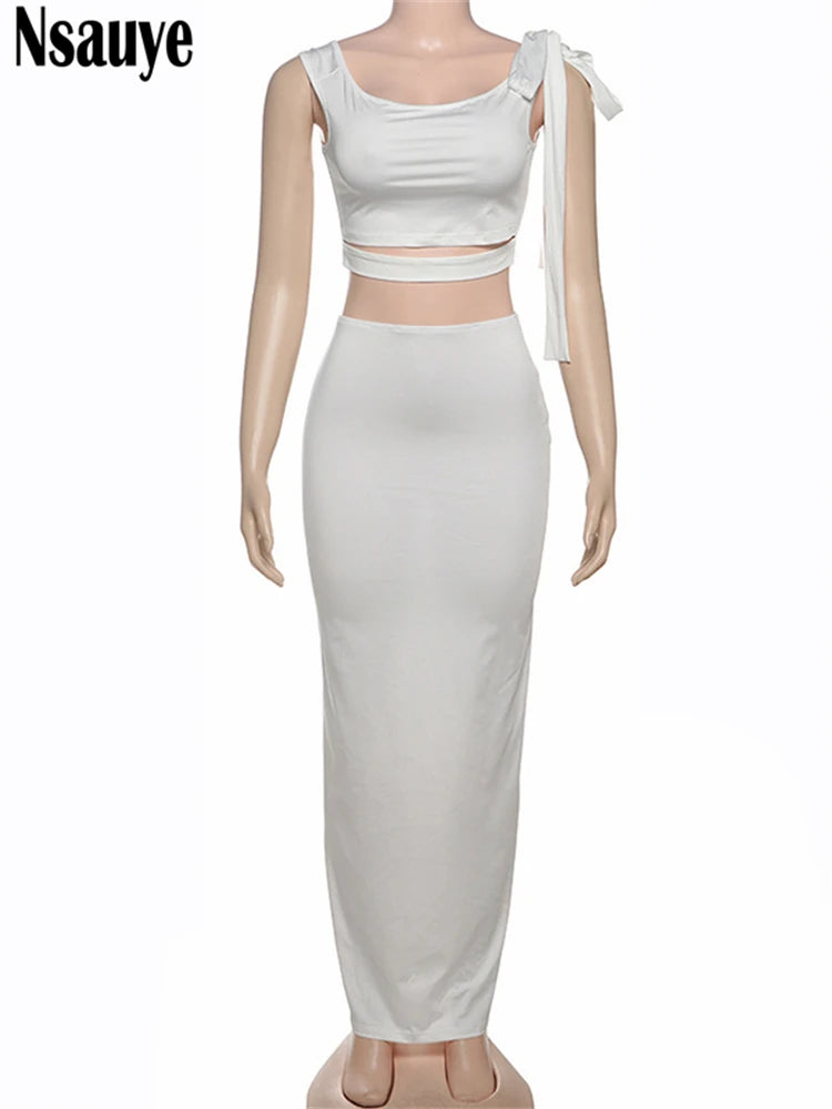 Nsauye 2025 Summer Women Off Shoulder Vest Crop Tops Night Club Long Skirt 2 Piece Set Party Fashion Sexy New In Matching Sets