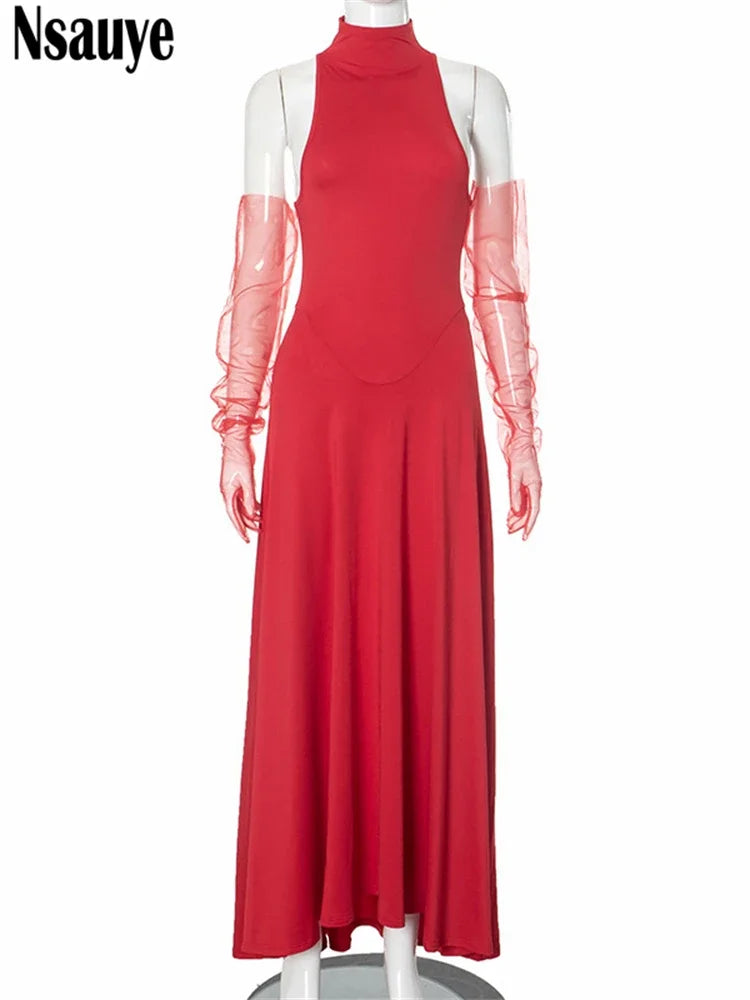 Nsauye Women Red Elegant Maxi Dress With Gloves Long Fashion Sexy Evening Party Halter Club Chic Off Shoulder Dress 2024 Autumn