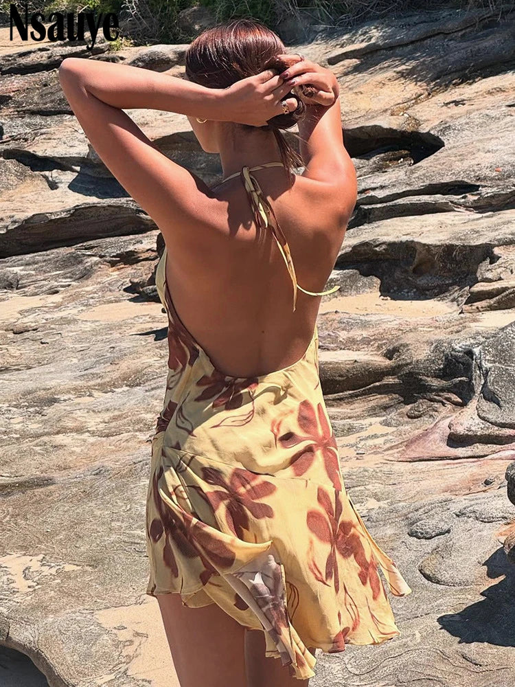 Nsauye Summer Halter Beach Women Holiday Print Casual Ruffles Short Dress Sexy Backless Night Fashion Club Evening Dress Party