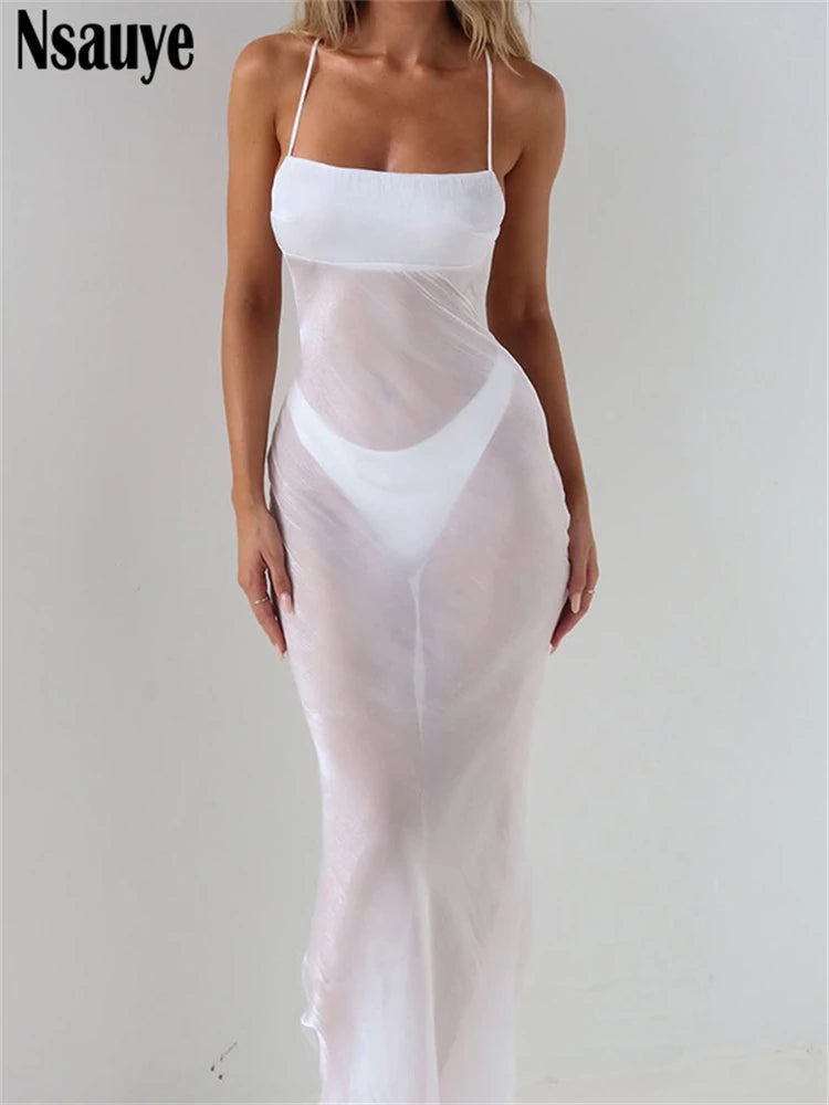 Nsauye 2025 Fashion Solid White Backless Sexy Backless Bodycon Maxi Dress Summer Women Sleeveless Beach Party Vacation Club