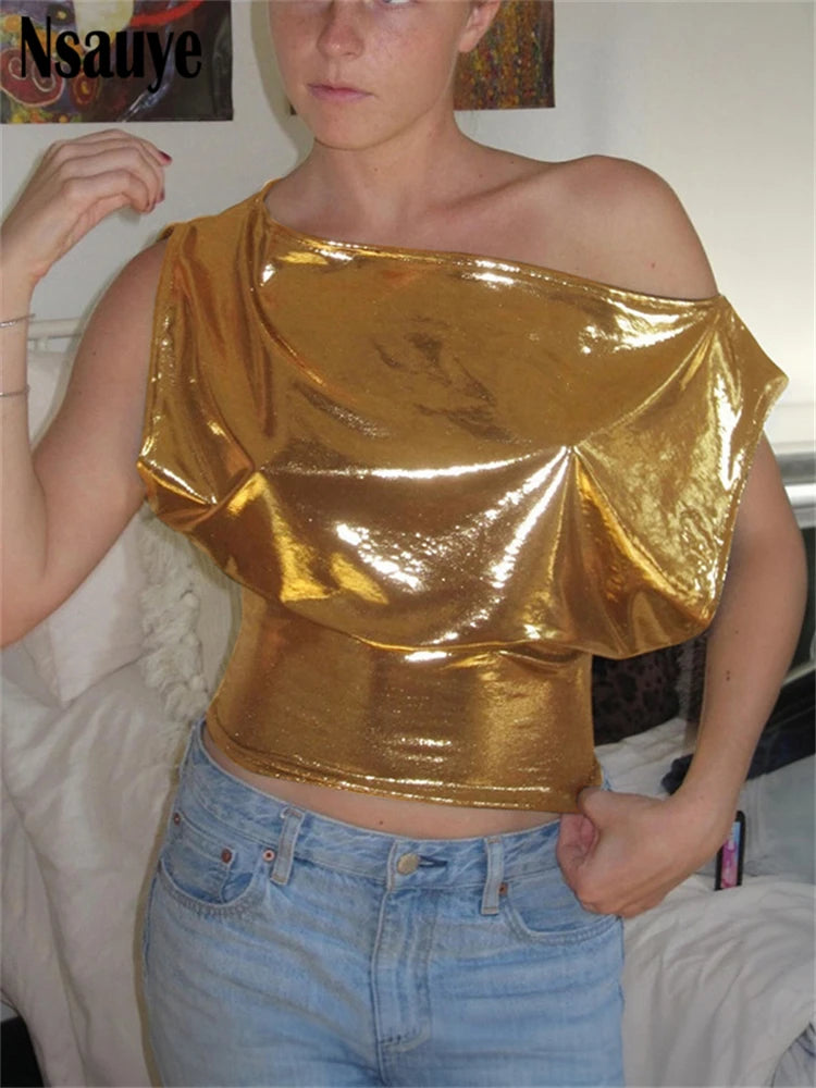 Nsauye New Summer Retro Slash Neck Bright Party Crop Top Women Clothing Y2K 2025 Glitter Evening Off Shoulder Tank Tops Sexy