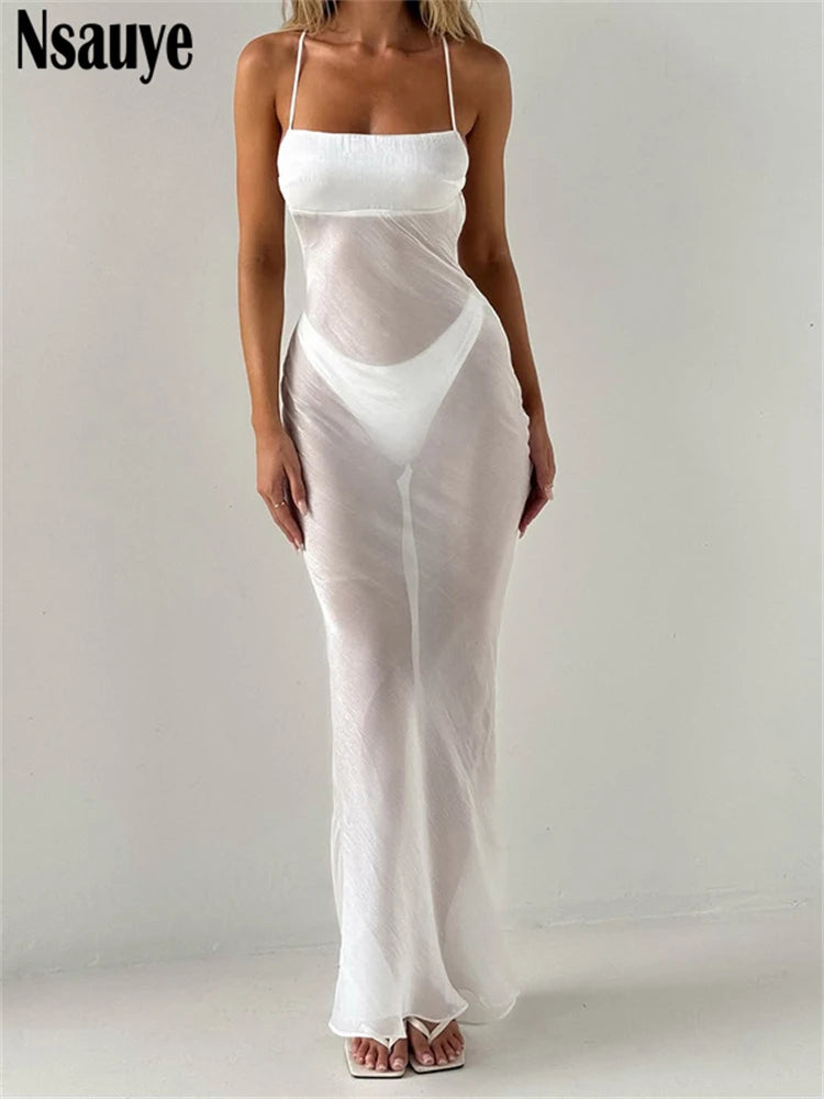 Nsauye 2025 Fashion Solid White Backless Sexy Backless Bodycon Maxi Dress Summer Women Sleeveless Beach Party Vacation Club