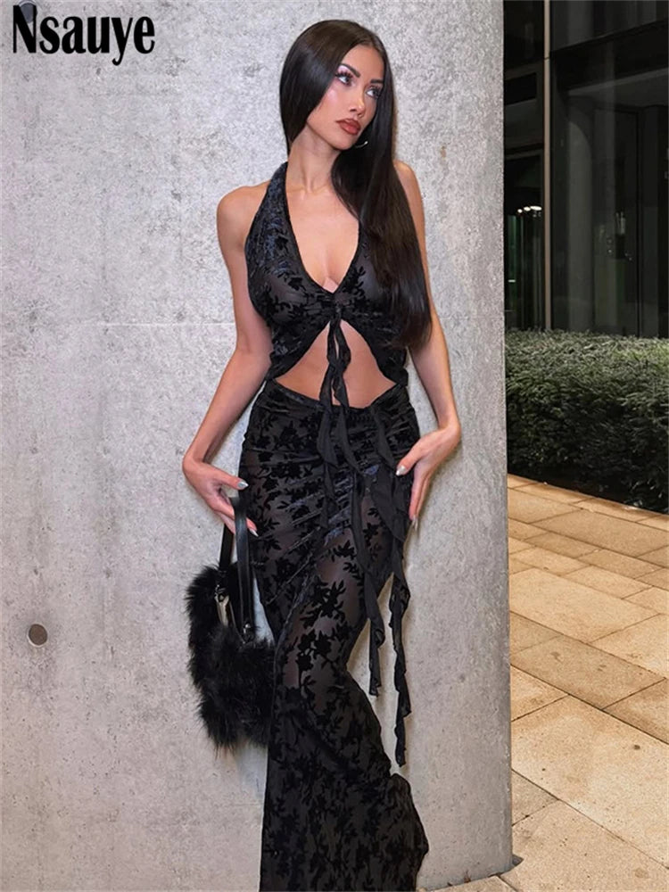 Nsauye Sexy Women Halter Club Mini Summer Crop Tops Party Evening Fashion Low Waisted Skirt Dress New In Matching Two Piece Set