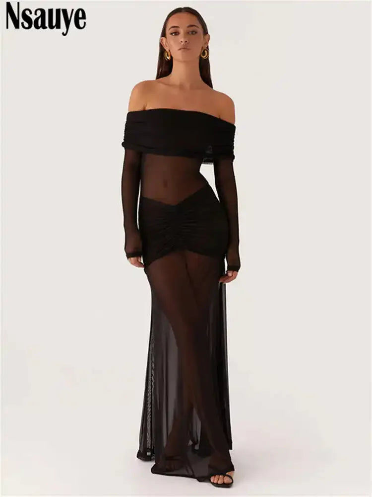 Nsauye 2025 Spring See Through Mesh Off Shoulder Long Sleeve Maxi Dress Women Clothing Night Club Sexy Fashion Party Dresses