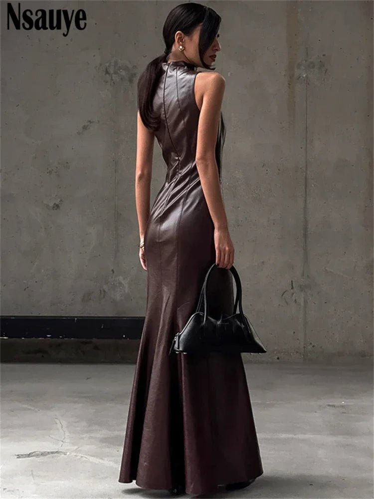 Nsauye Elegant Party Dress Women Sexy Off Shoulder New Long Wrap Evening Night Club Fashion Sleeveless Leather Dress 2024 Winter