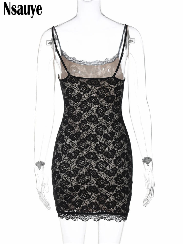 Nsauye Lace Sexy Black Low Cut Sleeveless Backless Short Dress Women Clothes Summer Fashion Off Shoulder Bodycon Party Dresses
