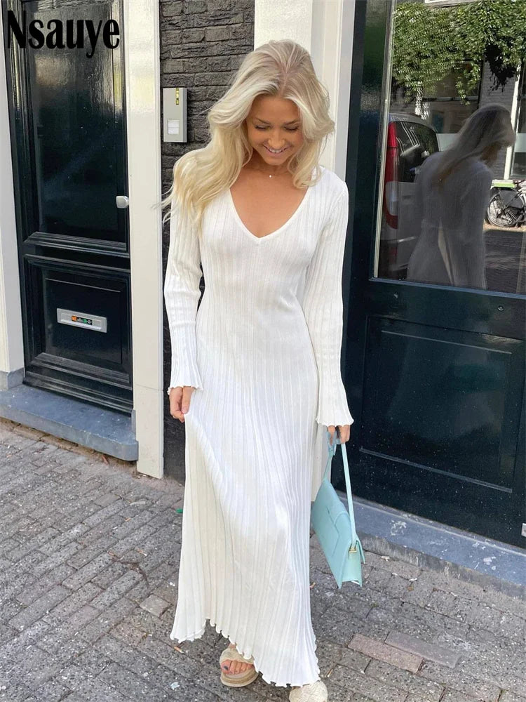 Nsauye Knitted Dresses For Women 2022 Autumn Winter Elegant Pleated Long Dresses Long Sleeve V Neck Casual Slim White Maxi Dress