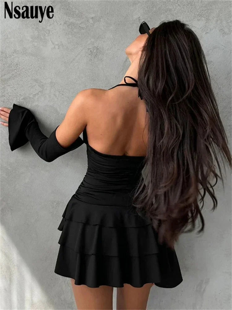 Nsauye Casual Beach Holiday Long Sleeve Sexy Halter Off Shoulder Club Mini Dress Fashion Women Clothes Leopard Print Party Dress