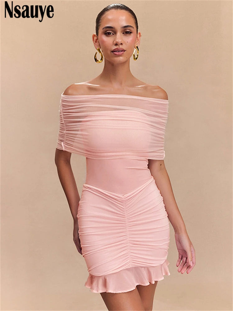 Nsauye 2025 Solid Off Shoulder Sleeveless Pleated Mini Bodycon Dresses Club Party Evening Ruffles Women Outfits Dress Vestidos
