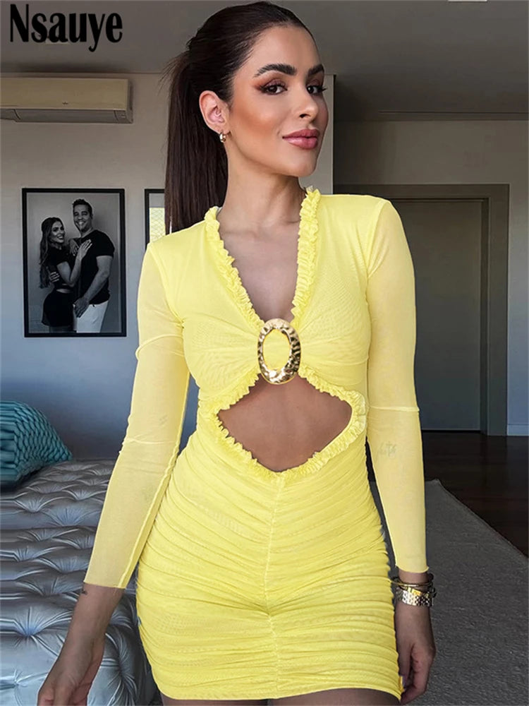 Nsauye New Elegant Women Sexy Ruffles Hollow Out Night Club Short Dress Mesh Ruched Long Sleeve Mini Party Summer Dress 2025