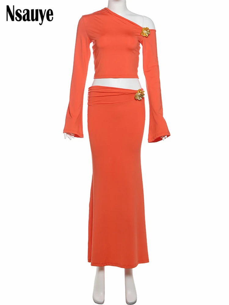 Nsauye Women Elegant Party Sexy Dress Skirt Fashion New In Matching Two Piece Set Long Sleeve Top High Waist Skirt Club Set 2024