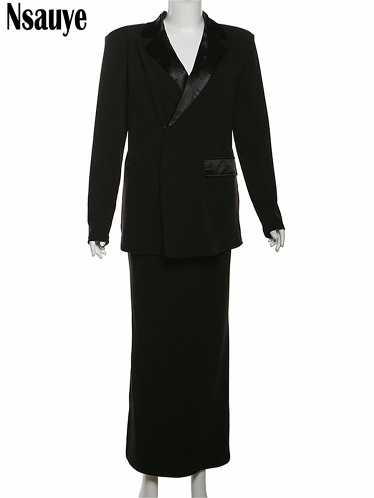 Nsauye Chic Fashion Elegant Women Long Sleeve Blazer Jacket Tops Long Wrap Sexy Party Night Club Skirt Dress Two Piece Set 2024