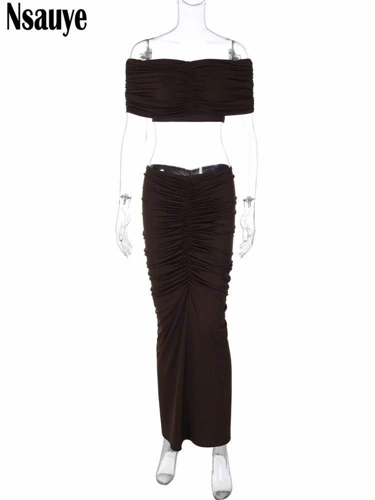Nsauye Women Sexy Clothes Outfits Night Club Off Shoulder Ctop Tops Long Ruched Elegant Party Low Waisted Skirt Two Piece Set