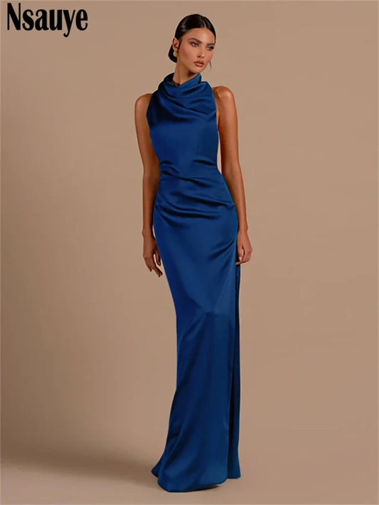 Nsauye Sexy Backless Women New Fashion Satin Elegant Bodycon Maxi Dress Night Club Long Halter Sleeveless Winter Party Dresses