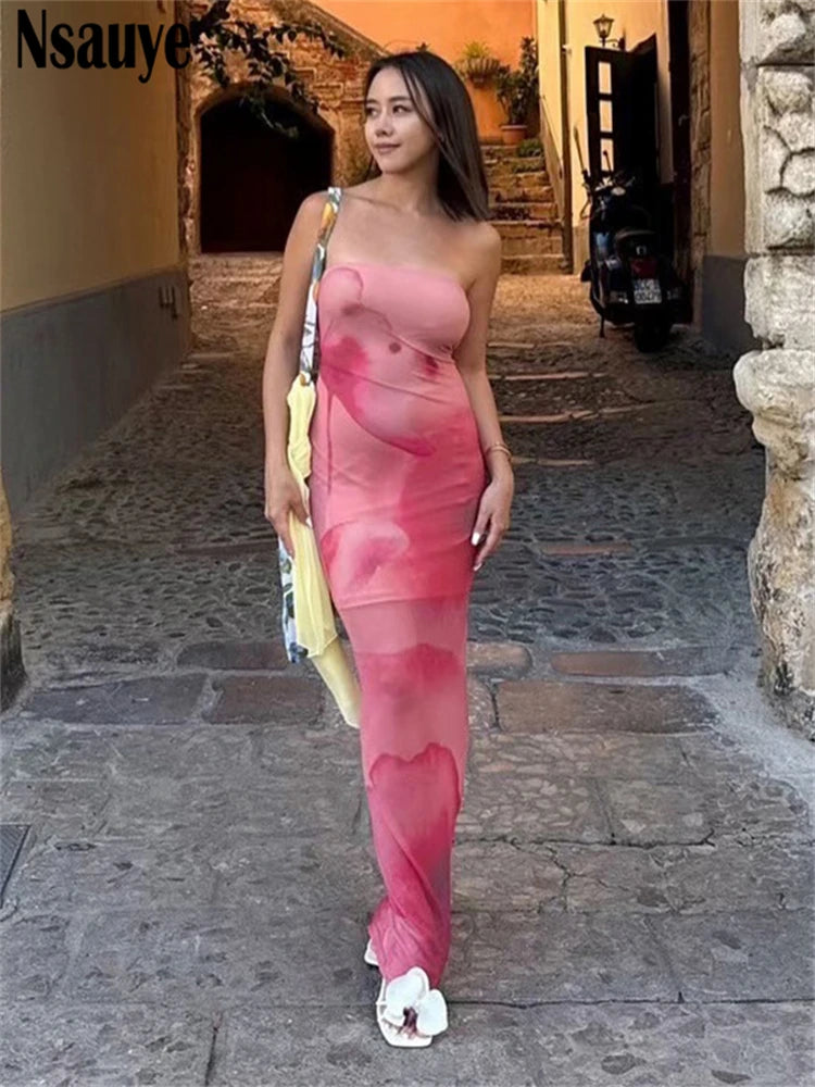 Nsauye Sexy Strapless Print Long Dress Women Strapless Print Off Shoulder Stretch Mesh Maxi Sundress Summer 2025 Beach Party Y2K