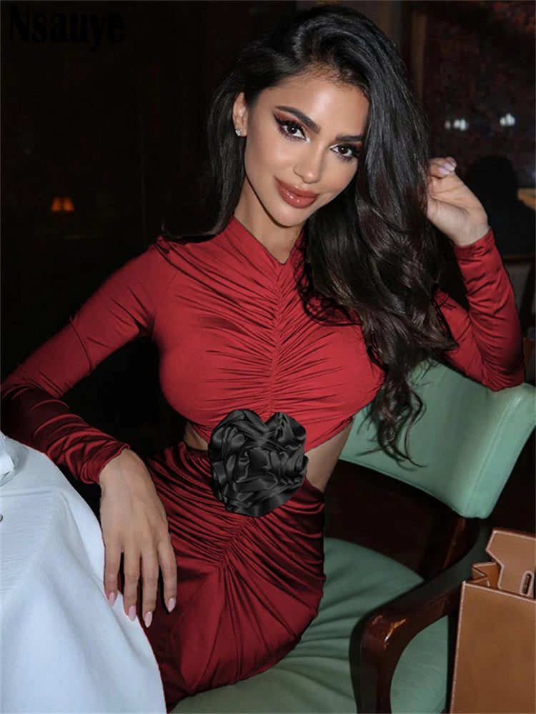 Nsauye New Fashion Sexy Women Elegant Party Dress Evening Cut Out Flower Night Club Red Female Long Sleeve Ruched Dress 2024